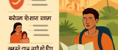 सुंदर प्राकृतिक परिदृश्य जिसमें शांति से बहती नदी, हरे भरे पेड़ और दूर पहाड़ियाँ दिख रही हैं।